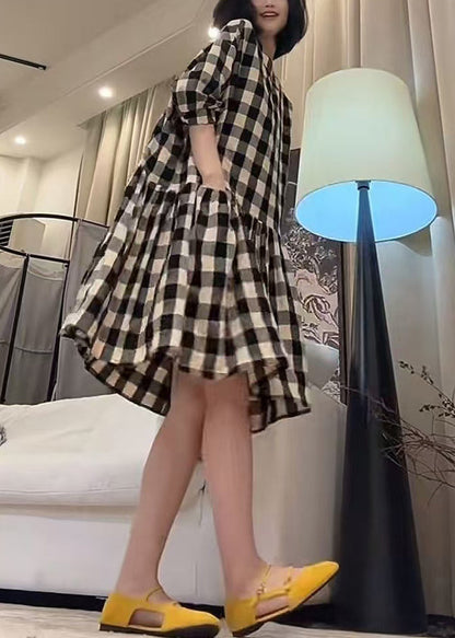 Cotton Loose Sleeve Half Dress Pockets Plaid Black