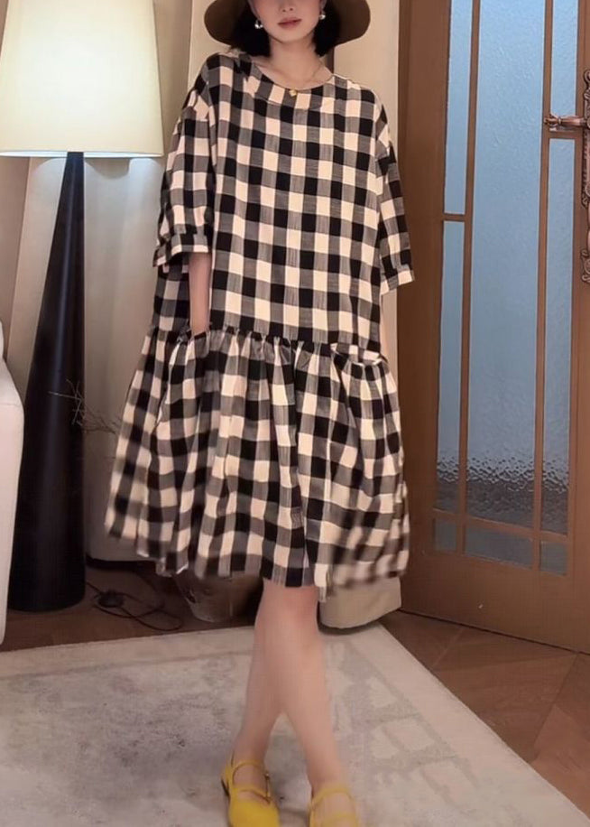 Cotton Loose Sleeve Half Dress Pockets Plaid Black