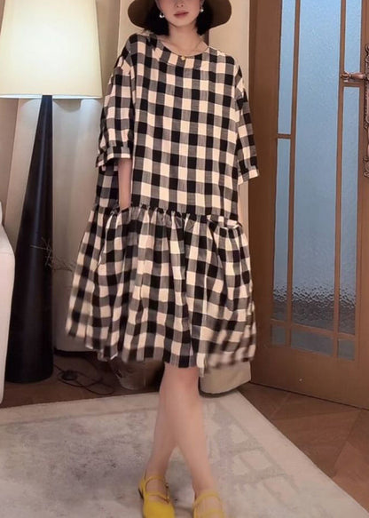 Cotton Loose Sleeve Half Dress Pockets Plaid Black