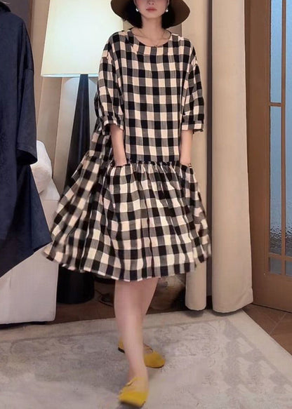 Cotton Loose Sleeve Half Dress Pockets Plaid Black