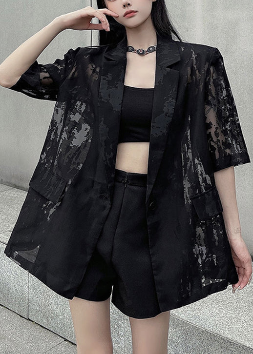 Summer Back Thin Open Pockets Side Cotton Black Coat Loose