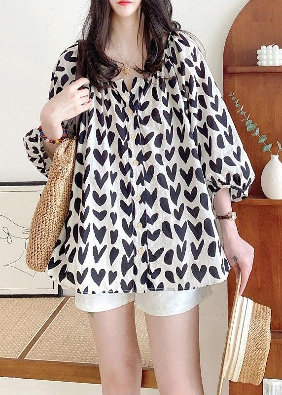 Loose Sleeve Shirts Button Black Bracelet Cotton Print