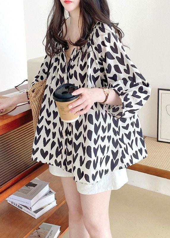 Loose Sleeve Shirts Button Black Bracelet Cotton Print