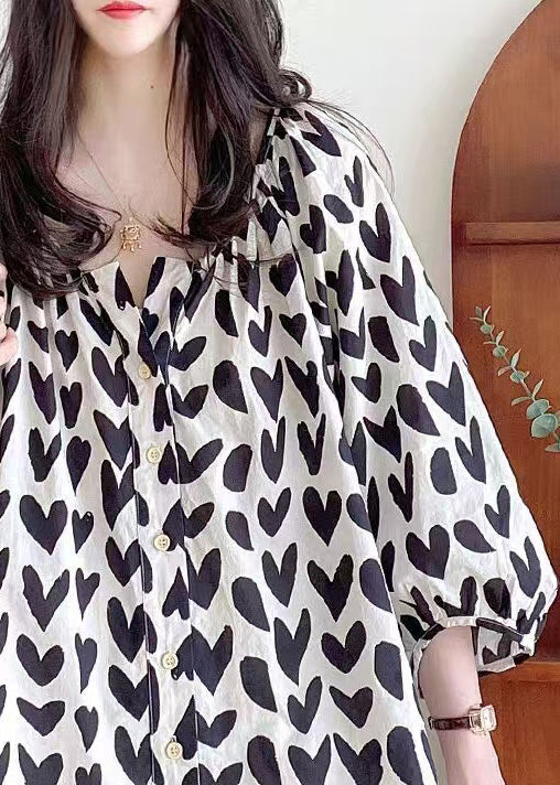 Loose Sleeve Shirts Button Black Bracelet Cotton Print