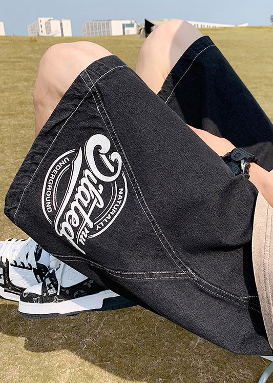 Loose Black Print Elastic Waist Denim Men Shorts Summer YL024