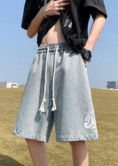 Loose Black Print Elastic Waist Denim Men Shorts Summer YL024