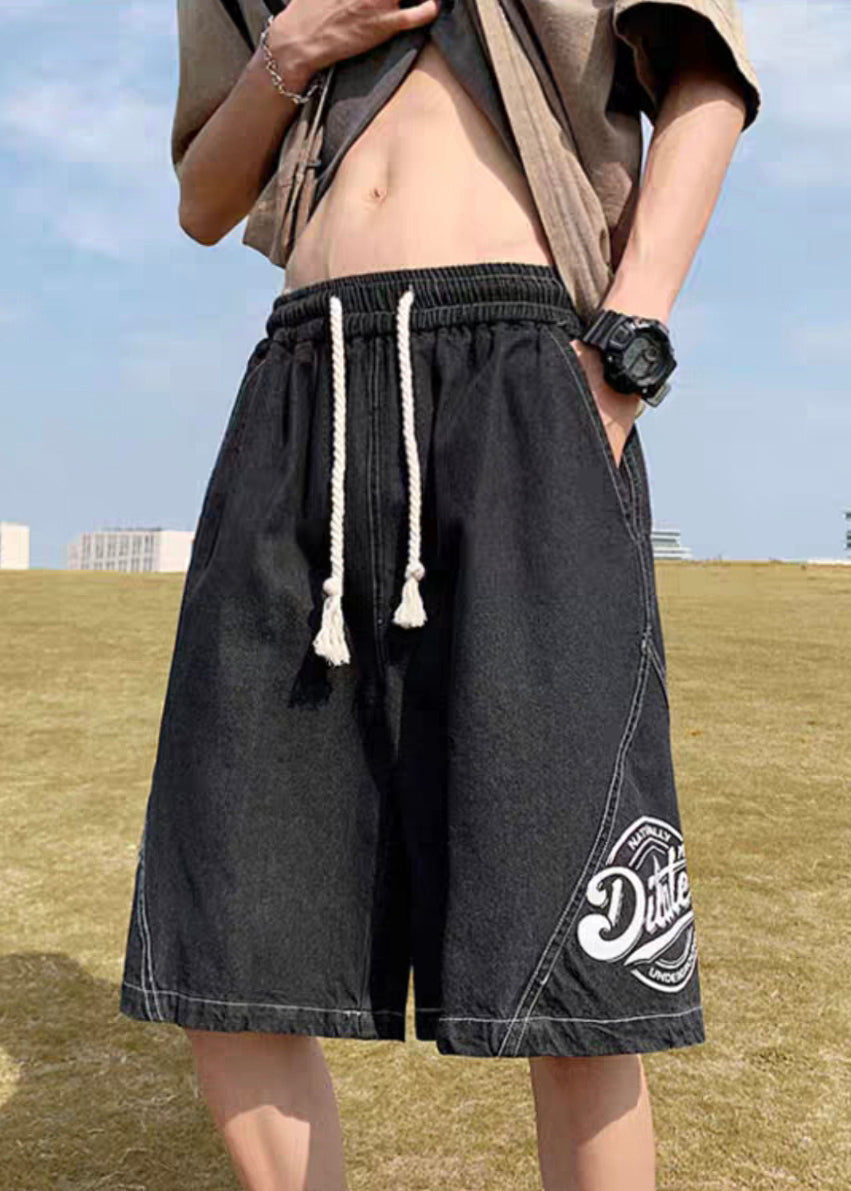 Loose Black Print Elastic Waist Denim Men Shorts Summer YL024