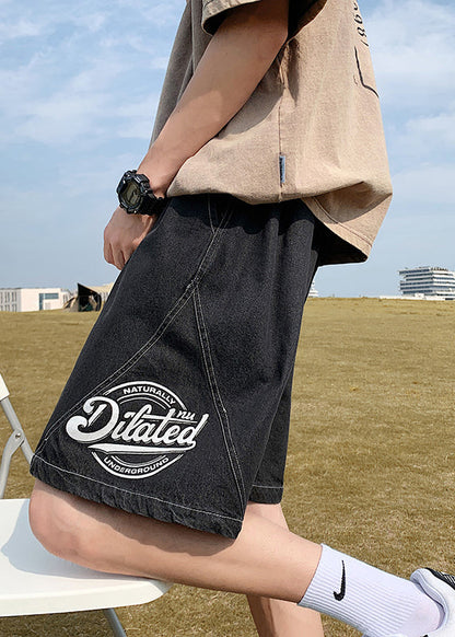 Loose Black Print Elastic Waist Denim Men Shorts Summer YL024