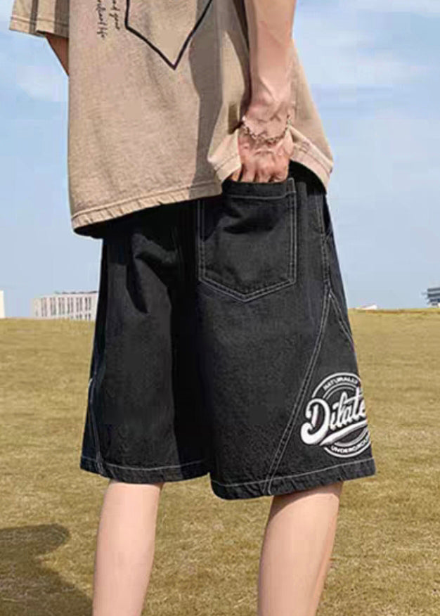Loose Black Print Elastic Waist Denim Men Shorts Summer YL024