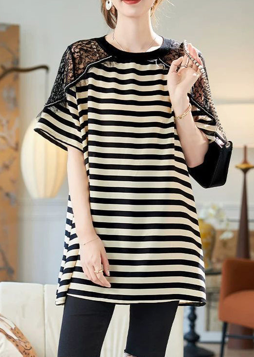 Lace Shirts Patchwork Loose Black Summer T Striped Cotton