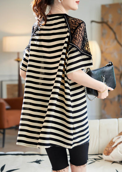 Lace Shirts Patchwork Loose Black Summer T Striped Cotton