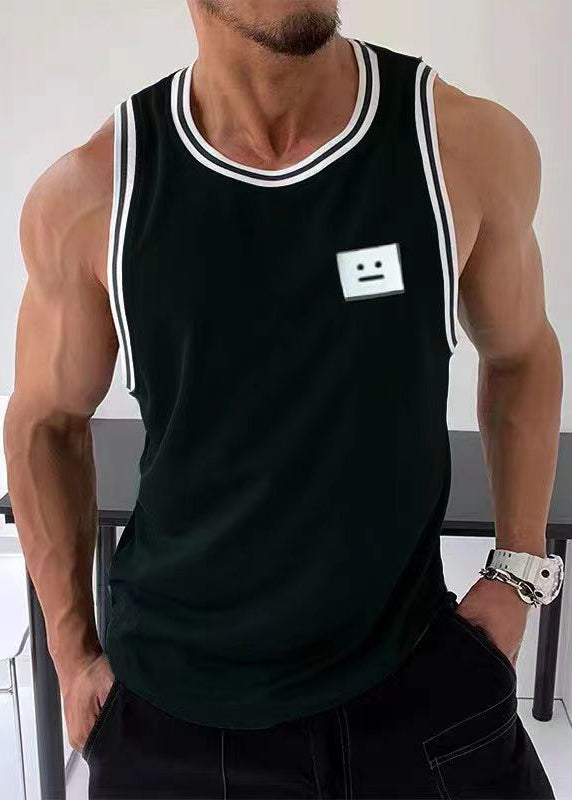 Cotton Solid Tank Black Striped Sleeveless Mens Loose