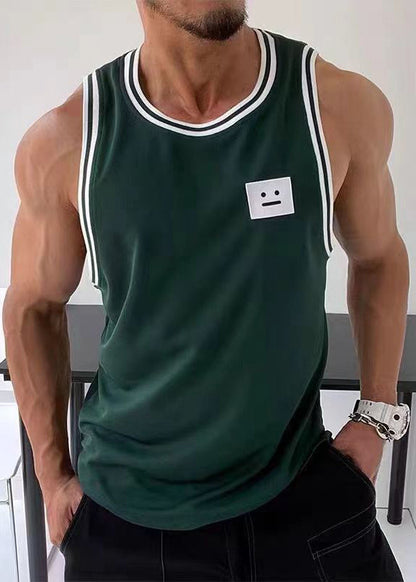 Cotton Solid Tank Black Striped Sleeveless Mens Loose