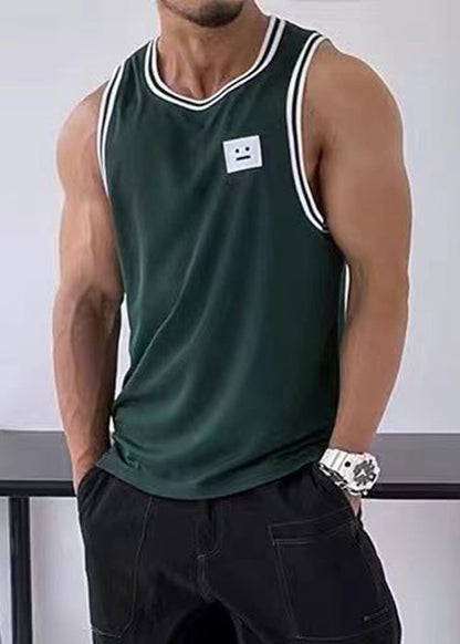 Cotton Solid Tank Black Striped Sleeveless Mens Loose