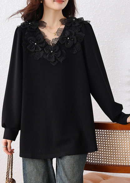Black V Bead Sweatshirts Cotton Nail Floral Loose Neck Fall