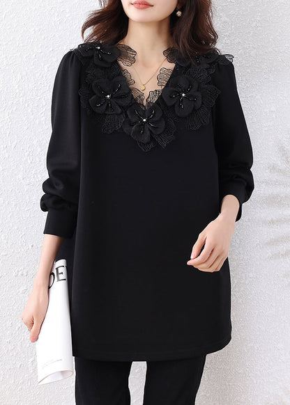Black V Bead Sweatshirts Cotton Nail Floral Loose Neck Fall
