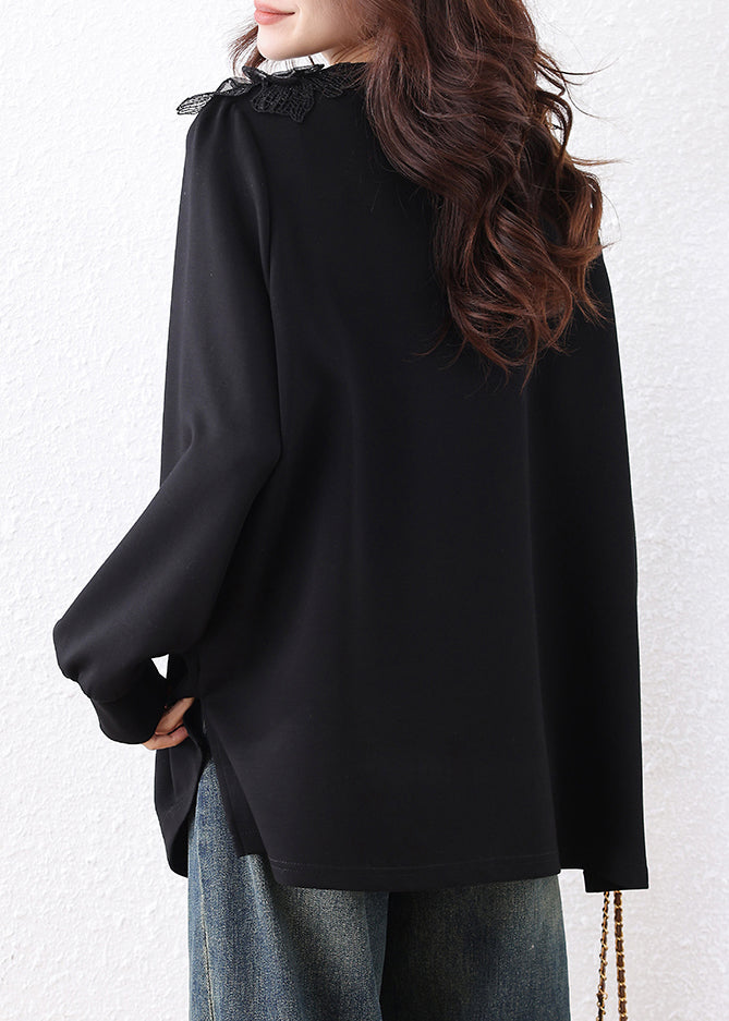 Black V Bead Sweatshirts Cotton Nail Floral Loose Neck Fall