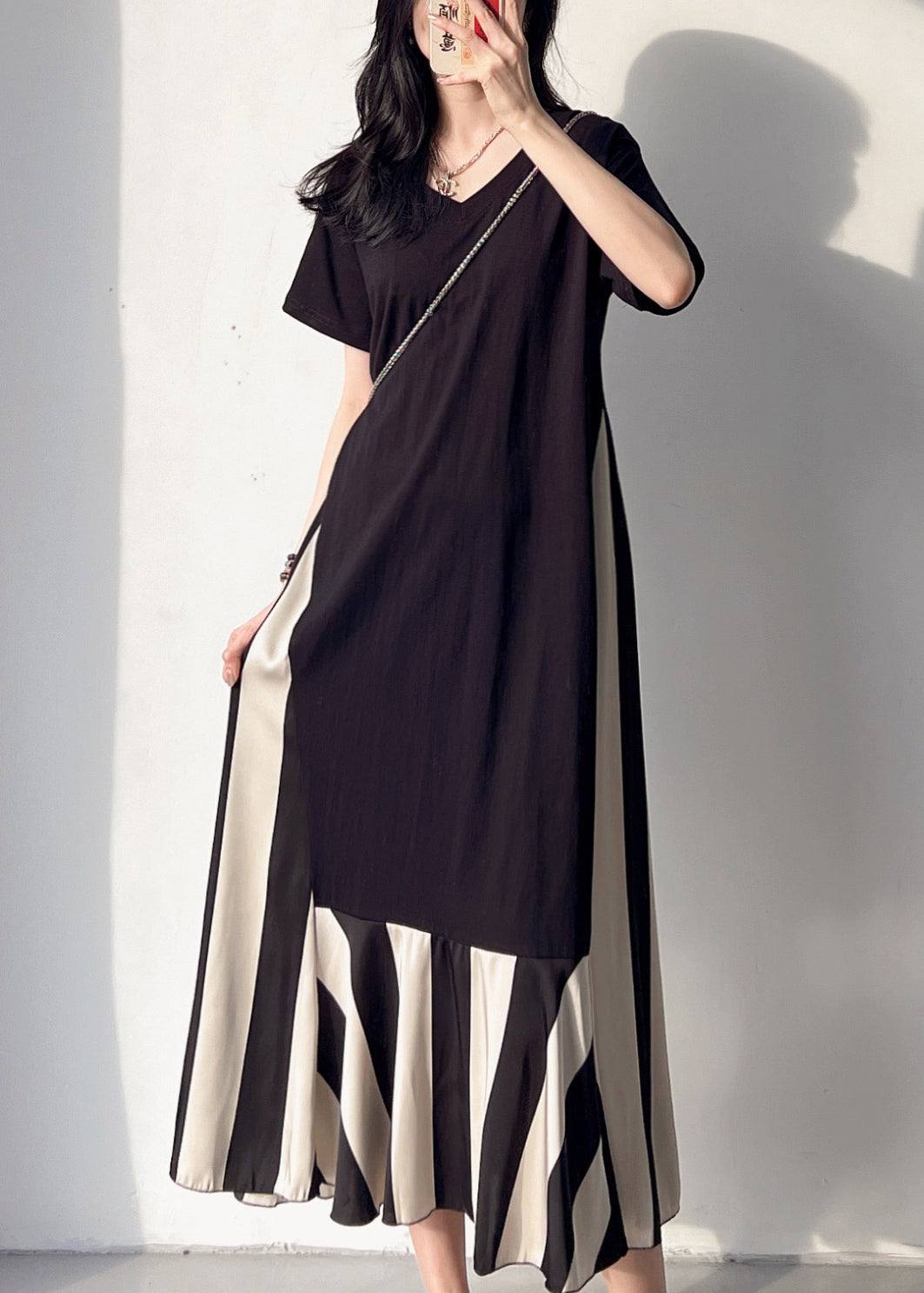 Loose Black V Neck Patchwork Cotton Long Dress Summer BV004