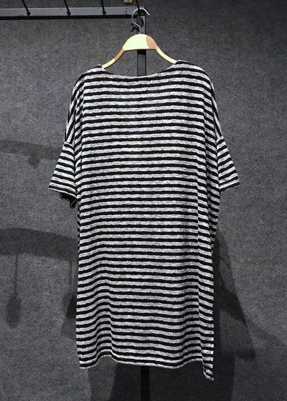 Loose Black V Neck Striped Side Open Cotton T Shirts Tops Summer AP068