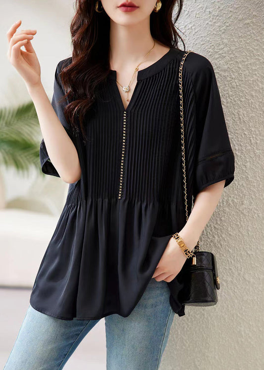 Loose Black V Neck Wrinkled Chiffon Tops Half Sleeve AB1045