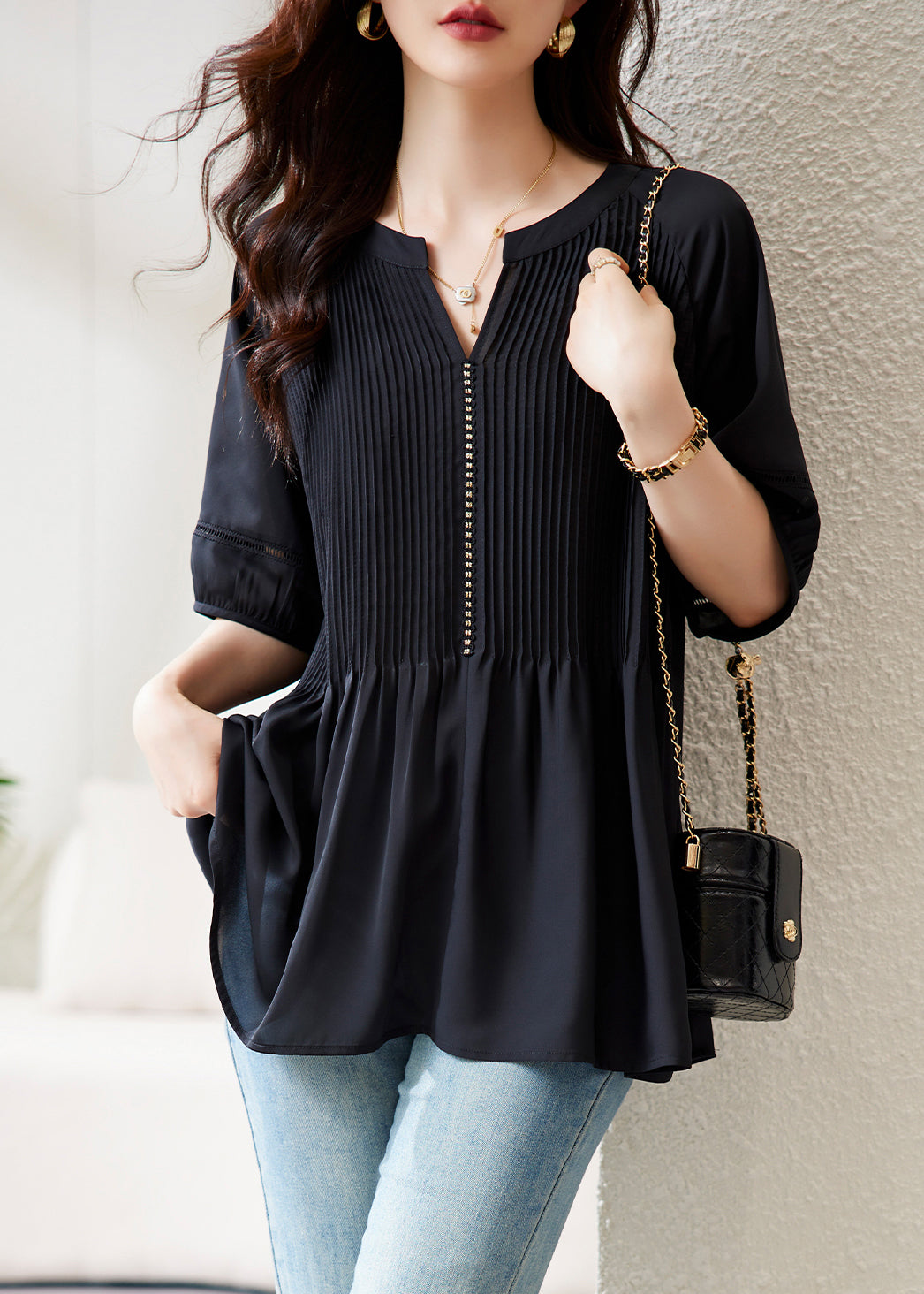 Loose Black V Neck Wrinkled Chiffon Tops Half Sleeve AB1045