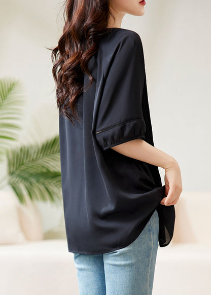 Loose Black V Neck Wrinkled Chiffon Tops Half Sleeve AB1045