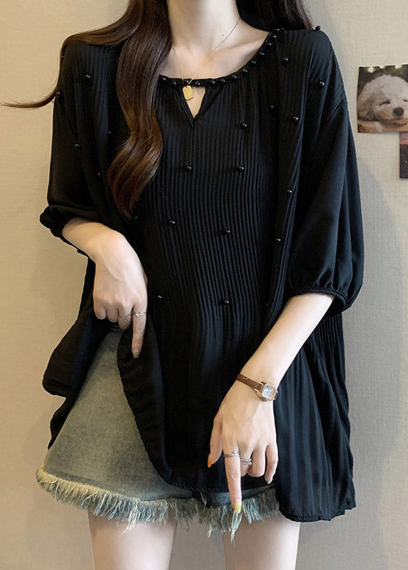 Loose Black Wrinkled Nail Bead Chiffon Shirts Half Sleeve RE035