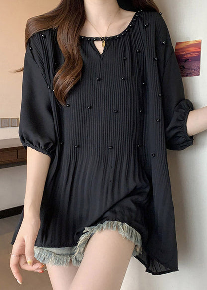 Loose Black Wrinkled Nail Bead Chiffon Shirts Half Sleeve RE035