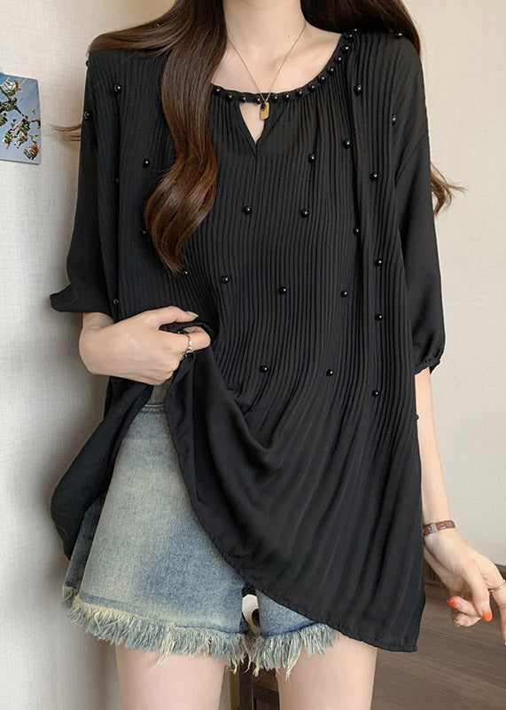 Loose Black Wrinkled Nail Bead Chiffon Shirts Half Sleeve RE035