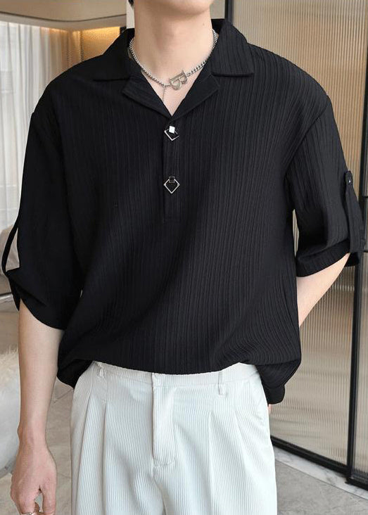 Men Shirt Cotton Solid Wrinkled Half Black Sleeve Loose Polo