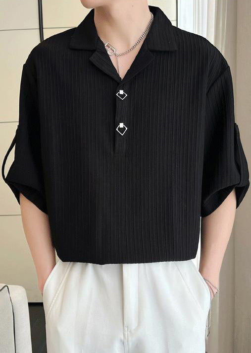 Men Shirt Cotton Solid Wrinkled Half Black Sleeve Loose Polo
