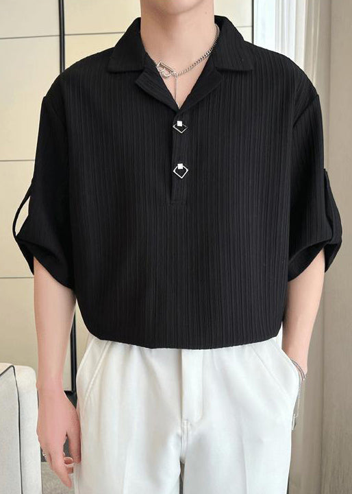 Men Shirt Cotton Solid Wrinkled Half Black Sleeve Loose Polo