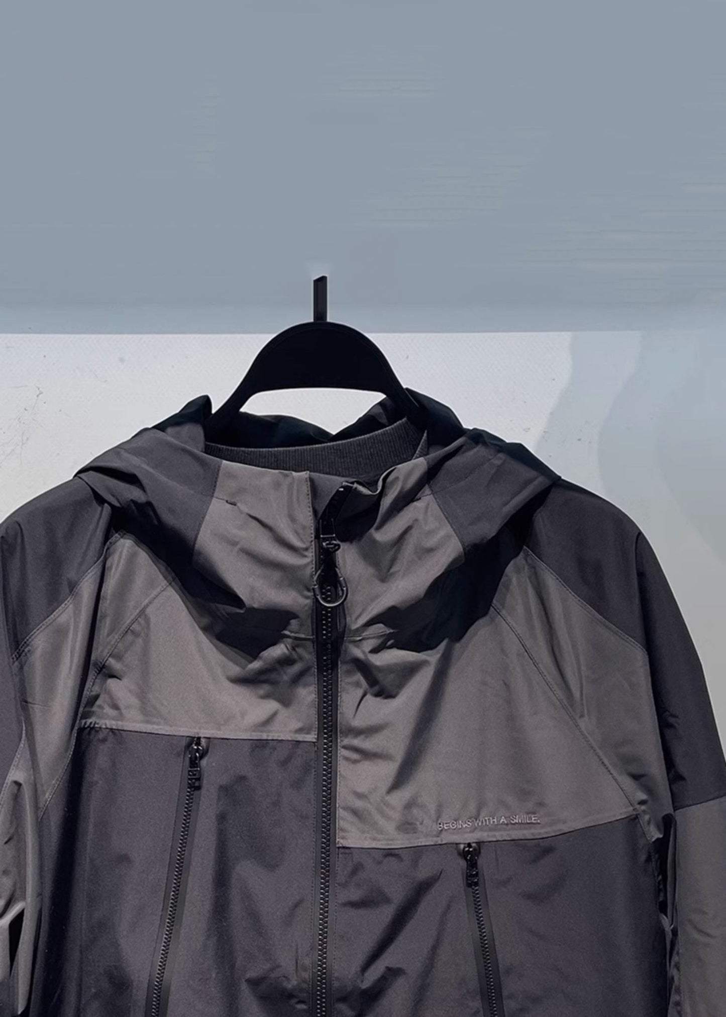 Black Patchwork Mens Hooded Coat Spring Loose Zippered Cotton