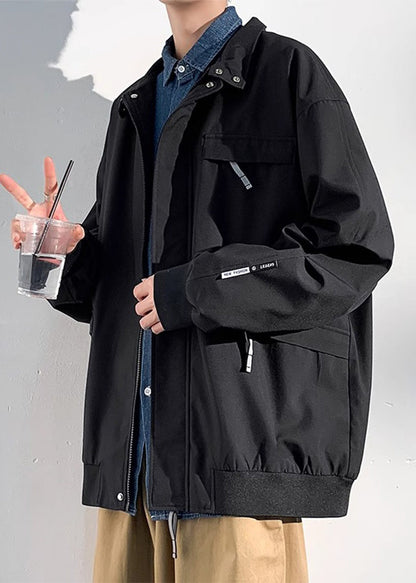 Coats Solid Zippered Mens Cotton Spring Black Pockets Loose