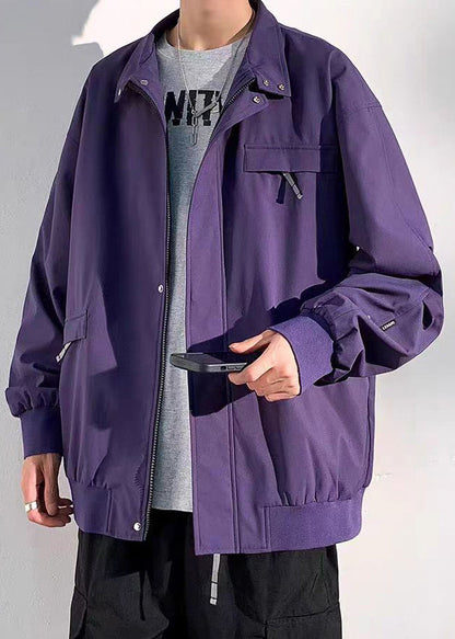 Coats Solid Zippered Mens Cotton Spring Black Pockets Loose