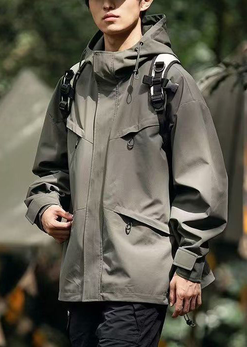 Coats Loose Pockets Zippered Hooded Mens Cotton Green Blackish