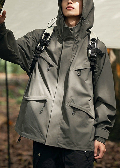 Coats Loose Pockets Zippered Hooded Mens Cotton Green Blackish