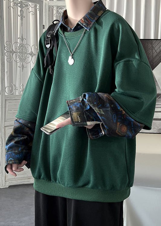 Loose Patchwork False Two Blackish Pieces Green Pan Collar Peter