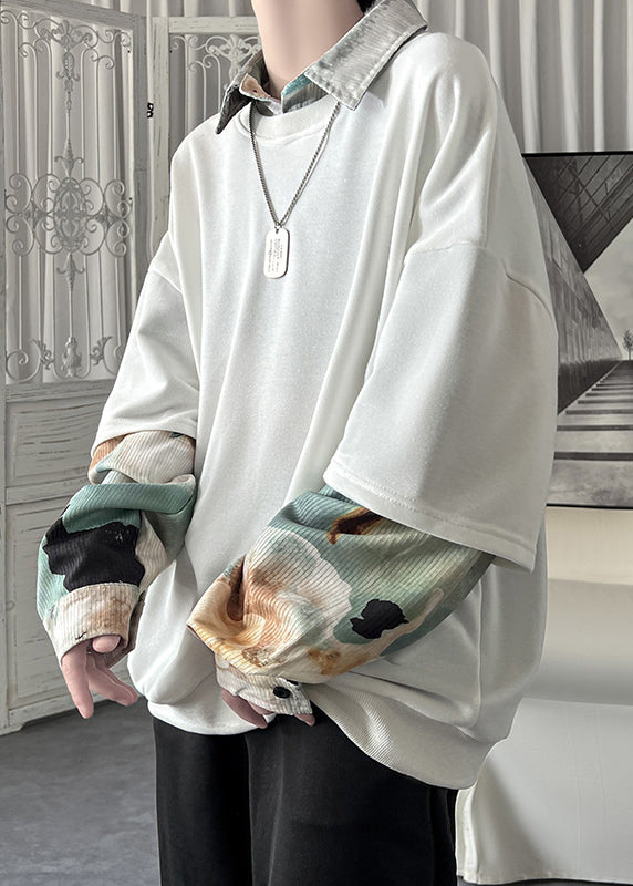 Loose Patchwork False Two Blackish Pieces Green Pan Collar Peter