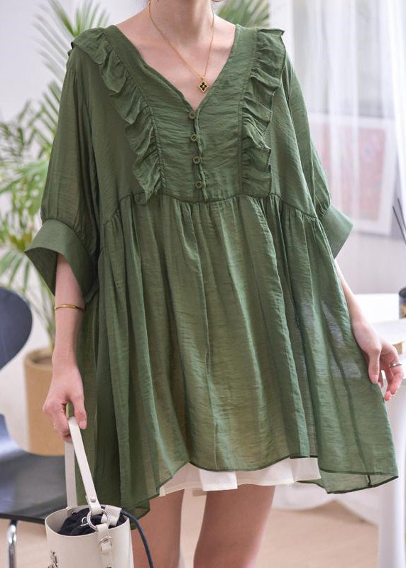 Loose Blackish Green V Neck Ruffled Cotton Shirts Summer MN043