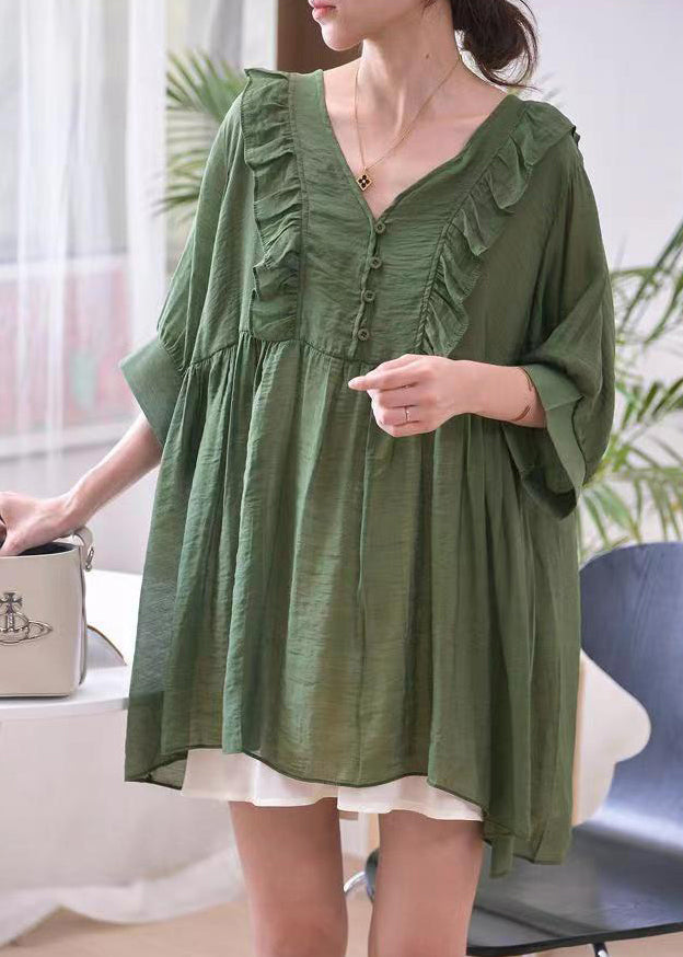 Loose Blackish Green V Neck Ruffled Cotton Shirts Summer MN043