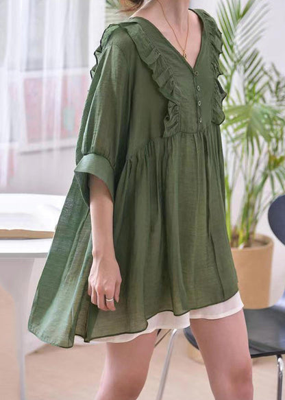 Loose Blackish Green V Neck Ruffled Cotton Shirts Summer MN043