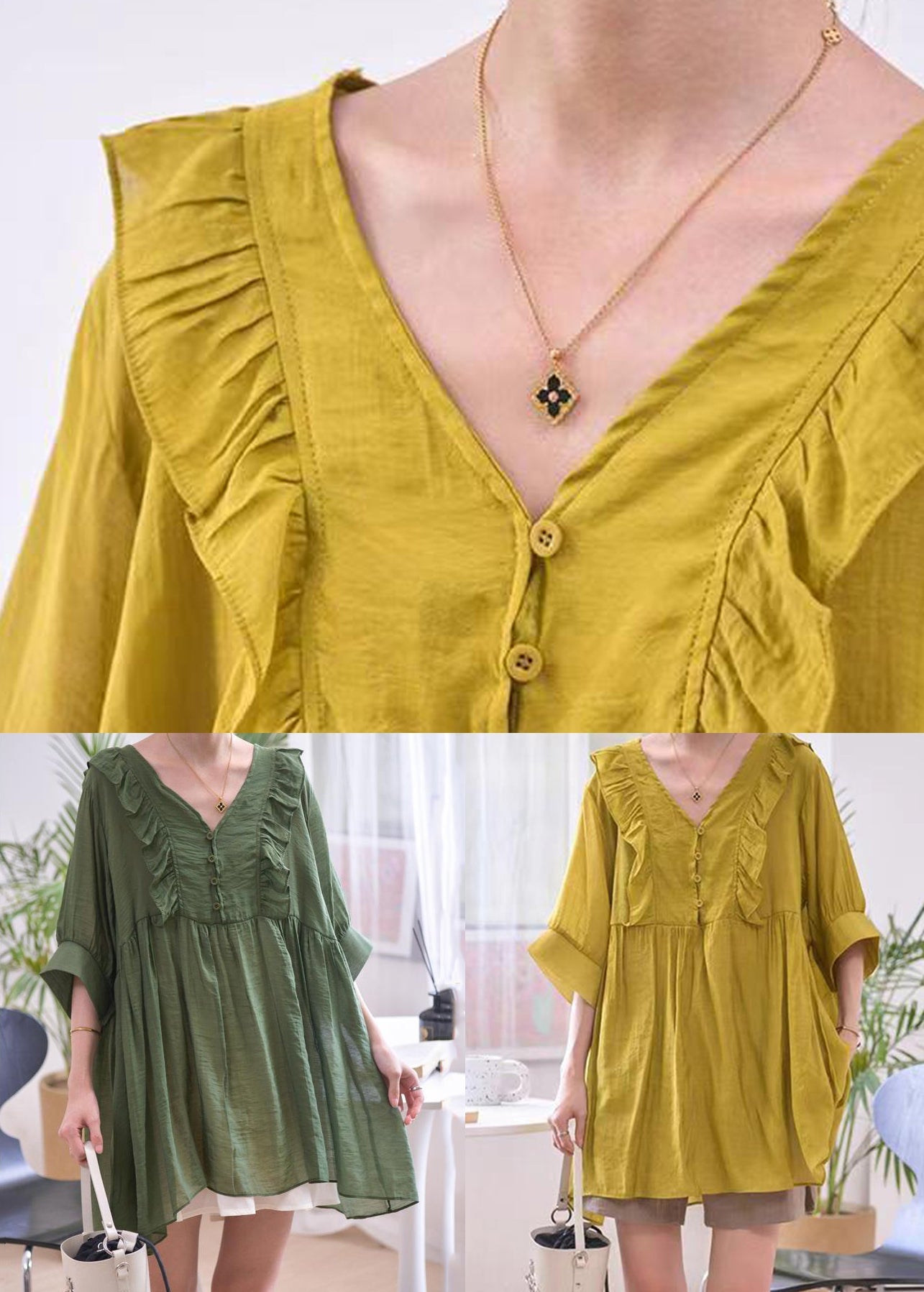 Loose Blackish Green V Neck Ruffled Cotton Shirts Summer MN043