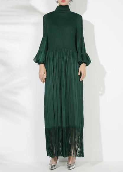 Solid Blackish Dress Green Cotton Petal Long Loose Wrinkled