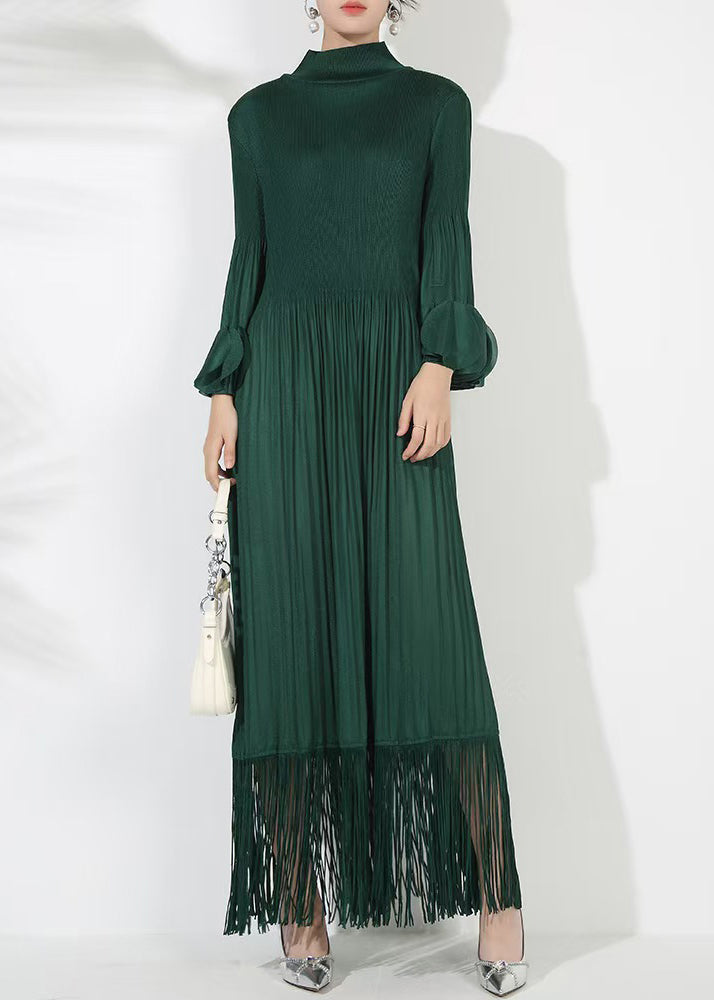 Solid Blackish Dress Green Cotton Petal Long Loose Wrinkled