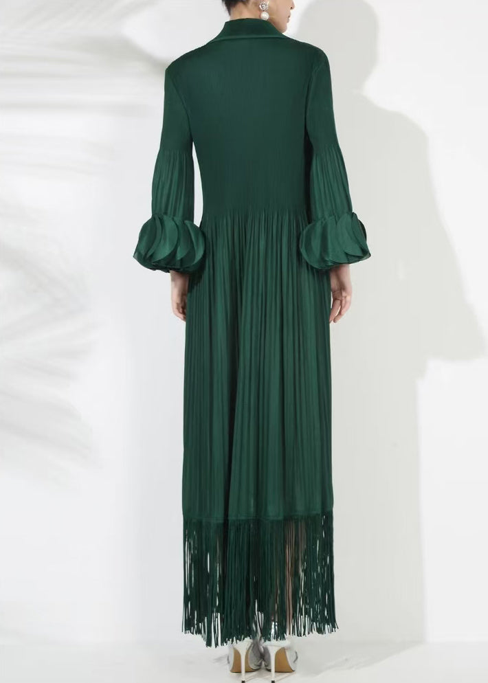 Solid Blackish Dress Green Cotton Petal Long Loose Wrinkled