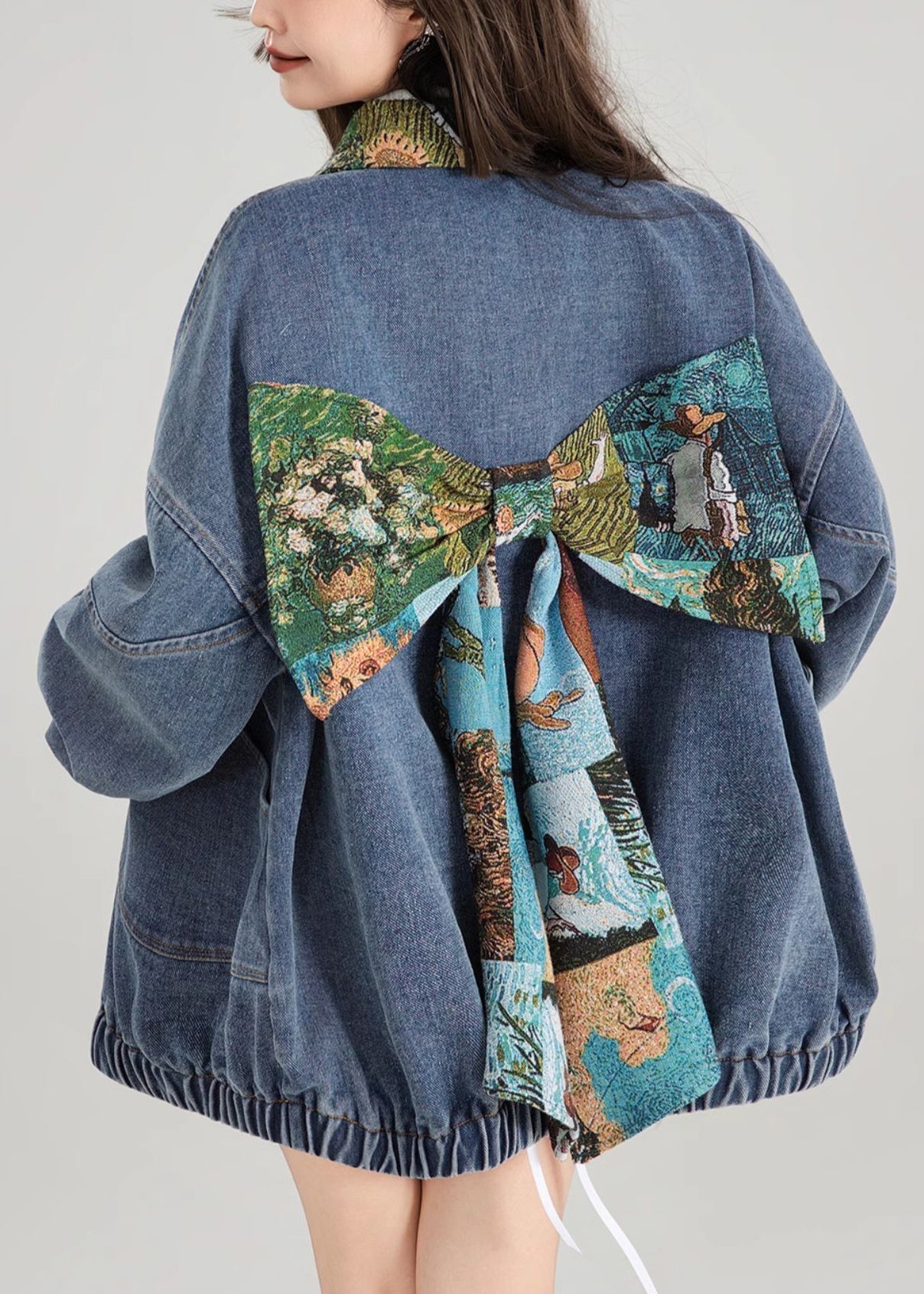 Coat Bow Patchwork Blue Button Denim Loose Spring