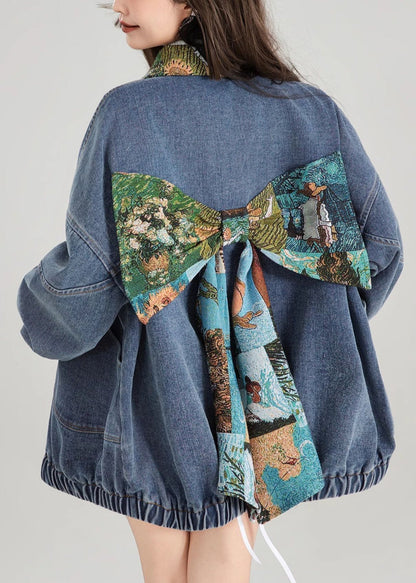 Coat Bow Patchwork Blue Button Denim Loose Spring