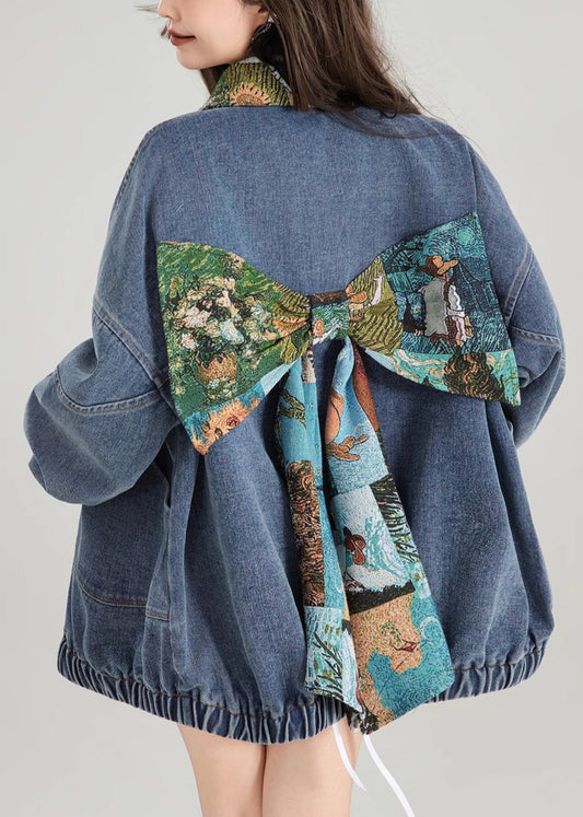 Coat Bow Patchwork Blue Button Denim Loose Spring