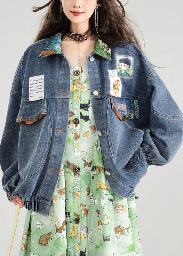 Coat Bow Patchwork Blue Button Denim Loose Spring